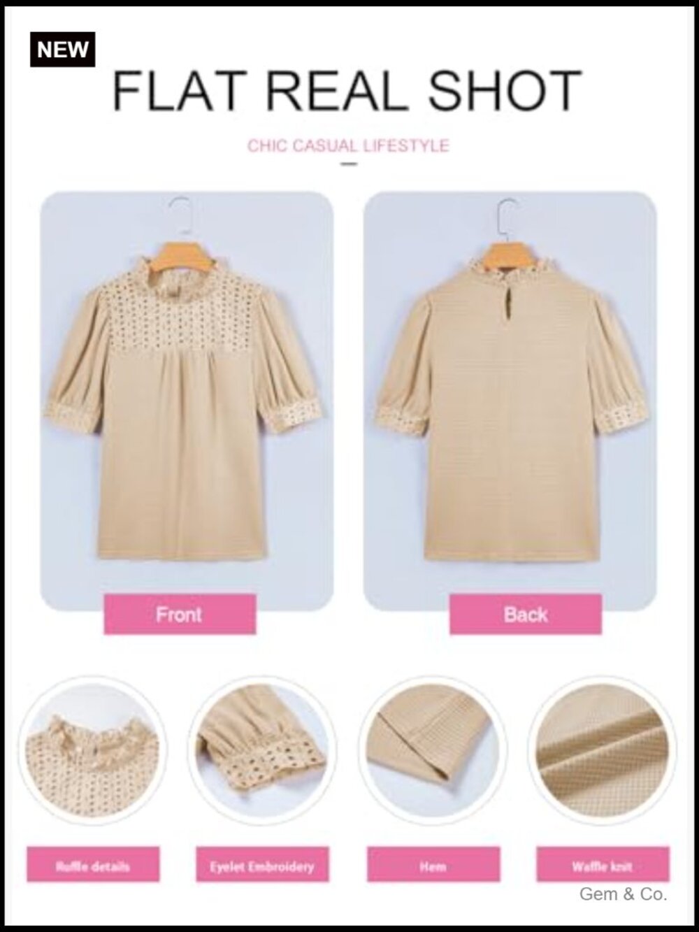 Waffle Knit Frill Trim Mock Neck Puff Sleeve Blouse Top - Picture 5 of 7